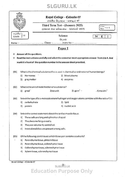 Grade 11 Science Third Term 2025 Royal College Colombo 07 (EM) thumbnail